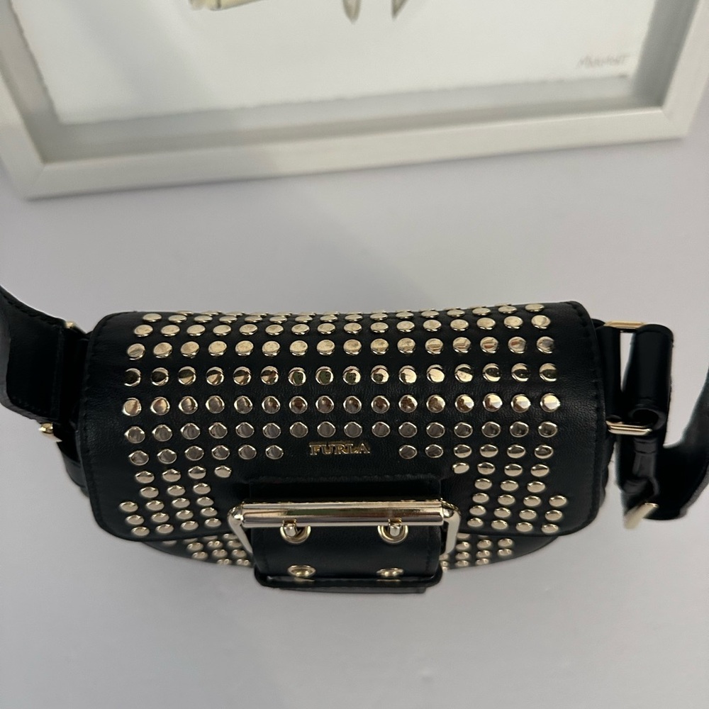 FURLA Studded Black Leather Mini Crossbody Bag Made In Italy Gold Tone Studs - Picture 8 of 17